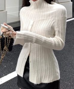 Cute Classic Outfits, Modest Girly Outfits - Button Up Off Shoulder Knitted Top