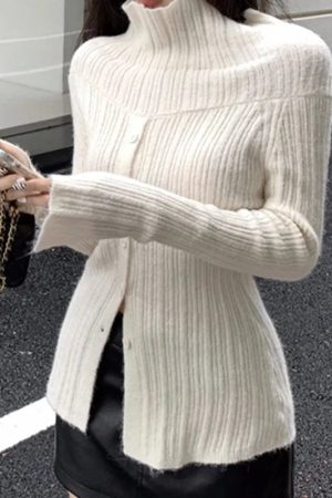 Cute Classic Outfits, Modest Girly Outfits - Button Up Off Shoulder Knitted Top