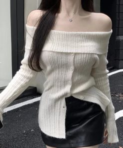 Cute Classic Outfits, Modest Girly Outfits - Button Up Off Shoulder Knitted Top