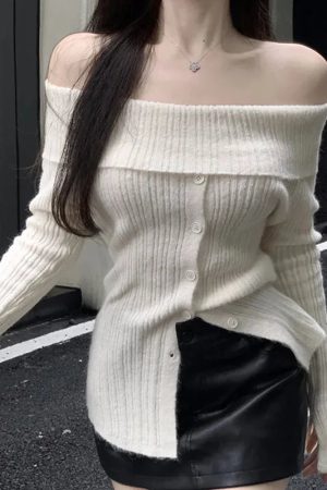 Cute Classic Outfits, Modest Girly Outfits - Button Up Off Shoulder Knitted Top