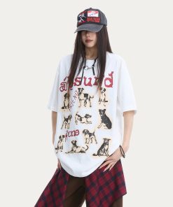 Cute Dog Print Oversized Cotton T-Shirt for Women - American Style Summer Loose Short Sleeve Top