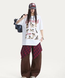 Cute Dog Print Oversized Cotton T-Shirt for Women - American Style Summer Loose Short Sleeve Top