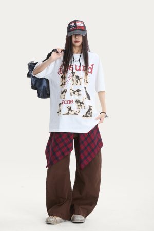 Cute Dog Print Oversized Cotton T-Shirt for Women - American Style Summer Loose Short Sleeve Top