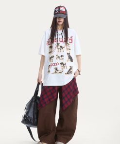 Cute Dog Print Oversized Cotton T-Shirt for Women - American Style Summer Loose Short Sleeve Top