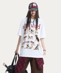 Cute Dog Print Oversized Cotton T-Shirt for Women - American Style Summer Loose Short Sleeve Top