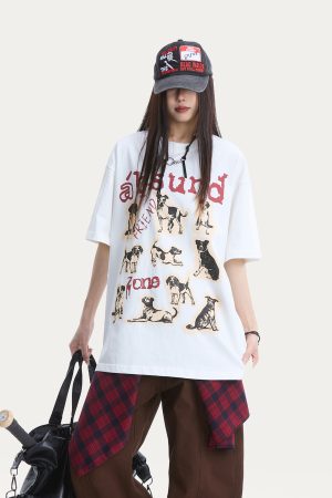 Cute Dog Print Oversized Cotton T-Shirt for Women - American Style Summer Loose Short Sleeve Top