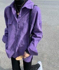 cute pink lolita fashion, Cropped Tops - Indie Purple Corduroy Casual Shirt