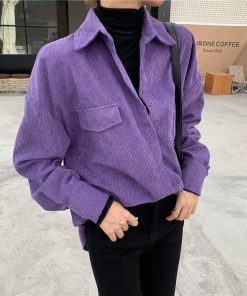 cute pink lolita fashion, Cropped Tops - Indie Purple Corduroy Casual Shirt