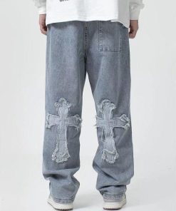 cute pink lolita fashion, Outfits For Girls Aesthetic - Cross Patchwork Baggy Jeans