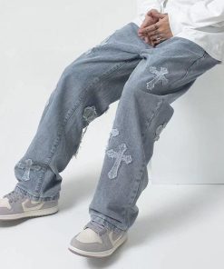 cute pink lolita fashion, Outfits For Girls Aesthetic - Cross Patchwork Baggy Jeans