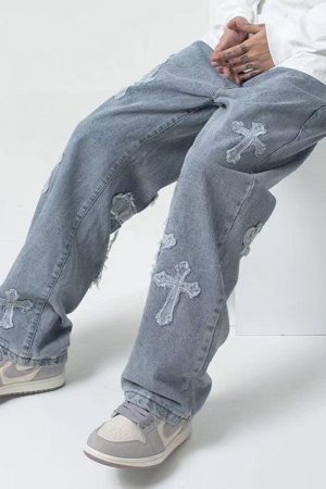 cute pink lolita fashion, Outfits For Girls Aesthetic - Cross Patchwork Baggy Jeans