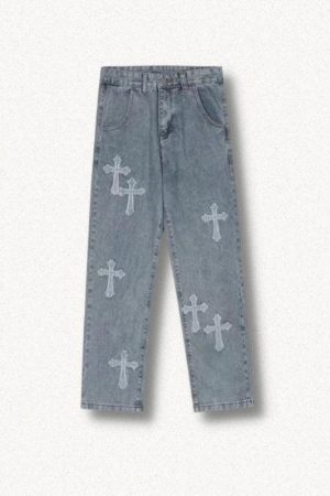 cute pink lolita fashion, Outfits For Girls Aesthetic - Cross Patchwork Baggy Jeans