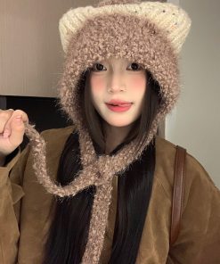 Cute Plush Cat Ear Tie-Up Hat for Women - Warm Cold-Proof Pull-On Beanie, Large Head Circumference, Perfect for Autumn & Winter