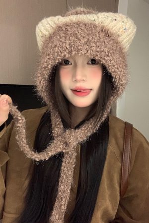 Cute Plush Cat Ear Tie-Up Hat for Women - Warm Cold-Proof Pull-On Beanie, Large Head Circumference, Perfect for Autumn & Winter