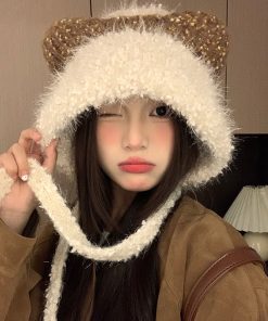 Cute Plush Cat Ear Tie-Up Hat for Women - Warm Cold-Proof Pull-On Beanie, Large Head Circumference, Perfect for Autumn & Winter