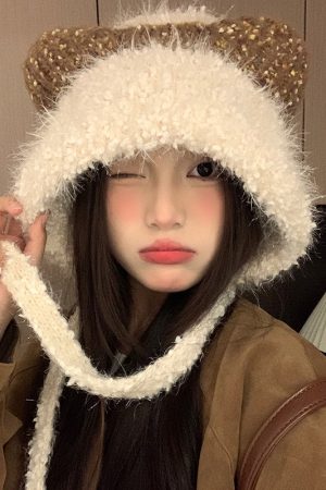 Cute Plush Cat Ear Tie-Up Hat for Women - Warm Cold-Proof Pull-On Beanie, Large Head Circumference, Perfect for Autumn & Winter