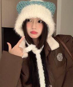 Cute Plush Cat Ear Tie-Up Hat for Women - Warm Cold-Proof Pull-On Beanie, Large Head Circumference, Perfect for Autumn & Winter