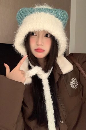 Cute Plush Cat Ear Tie-Up Hat for Women - Warm Cold-Proof Pull-On Beanie, Large Head Circumference, Perfect for Autumn & Winter