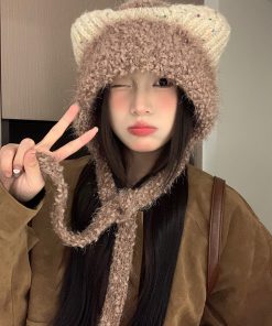 Cute Plush Cat Ear Tie-Up Hat for Women - Warm Cold-Proof Pull-On Beanie, Large Head Circumference, Perfect for Autumn & Winter