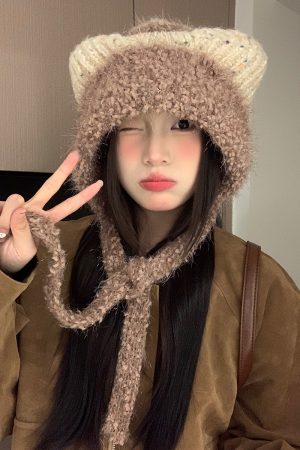 Cute Plush Cat Ear Tie-Up Hat for Women - Warm Cold-Proof Pull-On Beanie, Large Head Circumference, Perfect for Autumn & Winter
