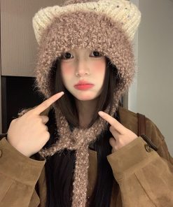 Cute Plush Cat Ear Tie-Up Hat for Women - Warm Cold-Proof Pull-On Beanie, Large Head Circumference, Perfect for Autumn & Winter