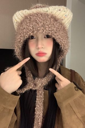Cute Plush Cat Ear Tie-Up Hat for Women - Warm Cold-Proof Pull-On Beanie, Large Head Circumference, Perfect for Autumn & Winter
