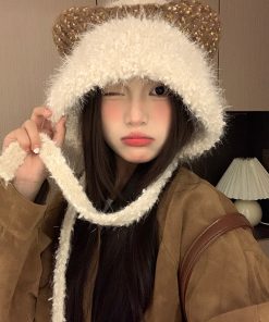 Cute Plush Cat Ear Tie-Up Hat for Women - Warm Cold-Proof Pull-On Beanie, Large Head Circumference, Perfect for Autumn & Winter