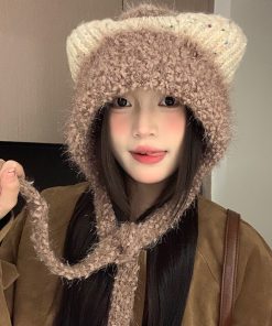 Cute Plush Cat Ear Tie-Up Hat for Women - Warm Cold-Proof Pull-On Beanie, Large Head Circumference, Perfect for Autumn & Winter