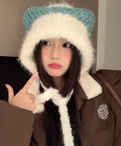 Cute Plush Cat Ear Tie-Up Hat for Women - Warm Cold-Proof Pull-On Beanie, Large Head Circumference, Perfect for Autumn & Winter