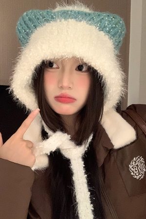 Cute Plush Cat Ear Tie-Up Hat for Women - Warm Cold-Proof Pull-On Beanie, Large Head Circumference, Perfect for Autumn & Winter