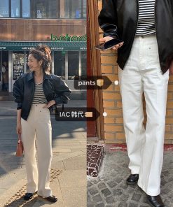 Cute Pocket Design Bubblegum Gray-Pink High-Waisted Straight Pants - Women's Korean Style Fashion Trousers