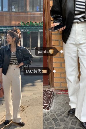 Cute Pocket Design Bubblegum Gray-Pink High-Waisted Straight Pants - Women's Korean Style Fashion Trousers
