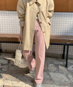 Cute Pocket Design Bubblegum Gray-Pink High-Waisted Straight Pants - Women's Korean Style Fashion Trousers