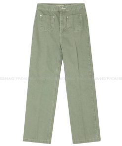 Cute Pocket Design Bubblegum Gray-Pink High-Waisted Straight Pants - Women's Korean Style Fashion Trousers