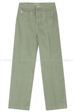 Cute Pocket Design Bubblegum Gray-Pink High-Waisted Straight Pants - Women's Korean Style Fashion Trousers