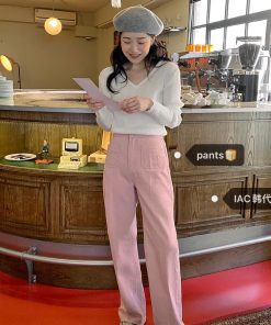 Cute Pocket Design Bubblegum Gray-Pink High-Waisted Straight Pants - Women's Korean Style Fashion Trousers