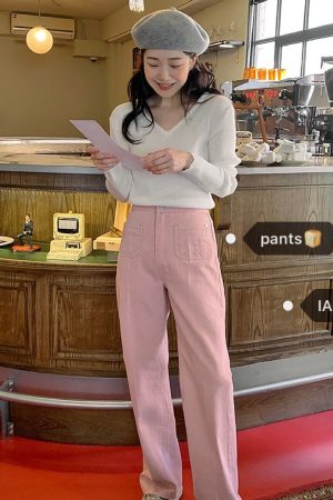 Cute Pocket Design Bubblegum Gray-Pink High-Waisted Straight Pants - Women's Korean Style Fashion Trousers