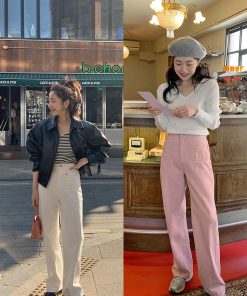 Cute Pocket Design Bubblegum Gray-Pink High-Waisted Straight Pants - Women's Korean Style Fashion Trousers