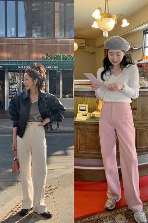 Cute Pocket Design Bubblegum Gray-Pink High-Waisted Straight Pants - Women's Korean Style Fashion Trousers