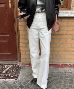 Cute Pocket Design Bubblegum Gray-Pink High-Waisted Straight Pants - Women's Korean Style Fashion Trousers