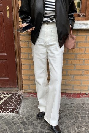 Cute Pocket Design Bubblegum Gray-Pink High-Waisted Straight Pants - Women's Korean Style Fashion Trousers