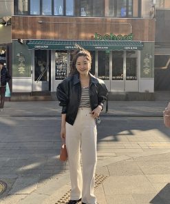 Cute Pocket Design Bubblegum Gray-Pink High-Waisted Straight Pants - Women's Korean Style Fashion Trousers