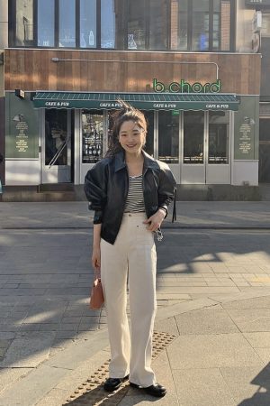 Cute Pocket Design Bubblegum Gray-Pink High-Waisted Straight Pants - Women's Korean Style Fashion Trousers