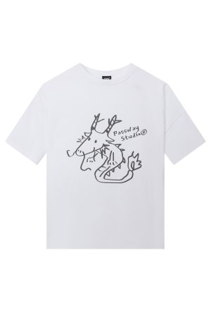 Cute Short Sleeve T-shirt for Women, Year of the Dragon Design, 100% Cotton Casual Summer Top, Sweet Style, Y2K Fashion