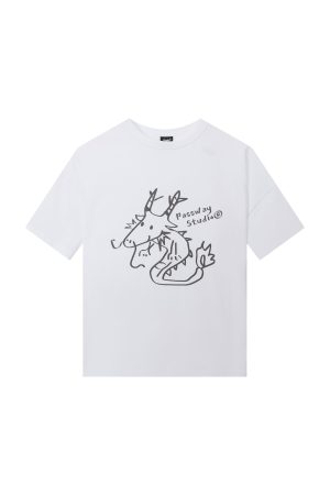 Cute Short Sleeve T-shirt for Women, Year of the Dragon Design, 100% Cotton Casual Summer Top, Sweet Style, Y2K Fashion