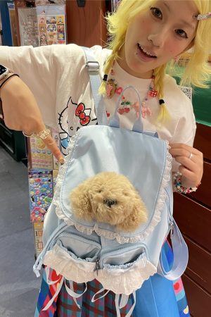 Cute Y2K Lace-Up Dog Backpack for Girls - Light Spring Commuter Small Bag, Perfect for Millennial Style and Niche Fashion