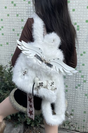 Cute Y2K Plush Angel Wings Backpack for Soft Girls - Autumn & Winter Niche Design