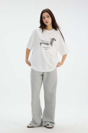 Dachshund Print Short Sleeve T-Shirt, Round Neck, Loose Fit, Casual Summer Wear, Comfortable Commuting Style, Pet Lover Tee