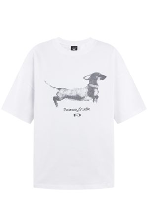 Dachshund Print Short Sleeve T-Shirt, Round Neck, Loose Fit, Casual Summer Wear, Comfortable Commuting Style, Pet Lover Tee