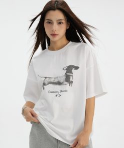 Dachshund Print Short Sleeve T-Shirt, Round Neck, Loose Fit, Casual Summer Wear, Comfortable Commuting Style, Pet Lover Tee